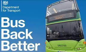 Poster for Bus Back Better published by Department for Transport - blue background with green bus