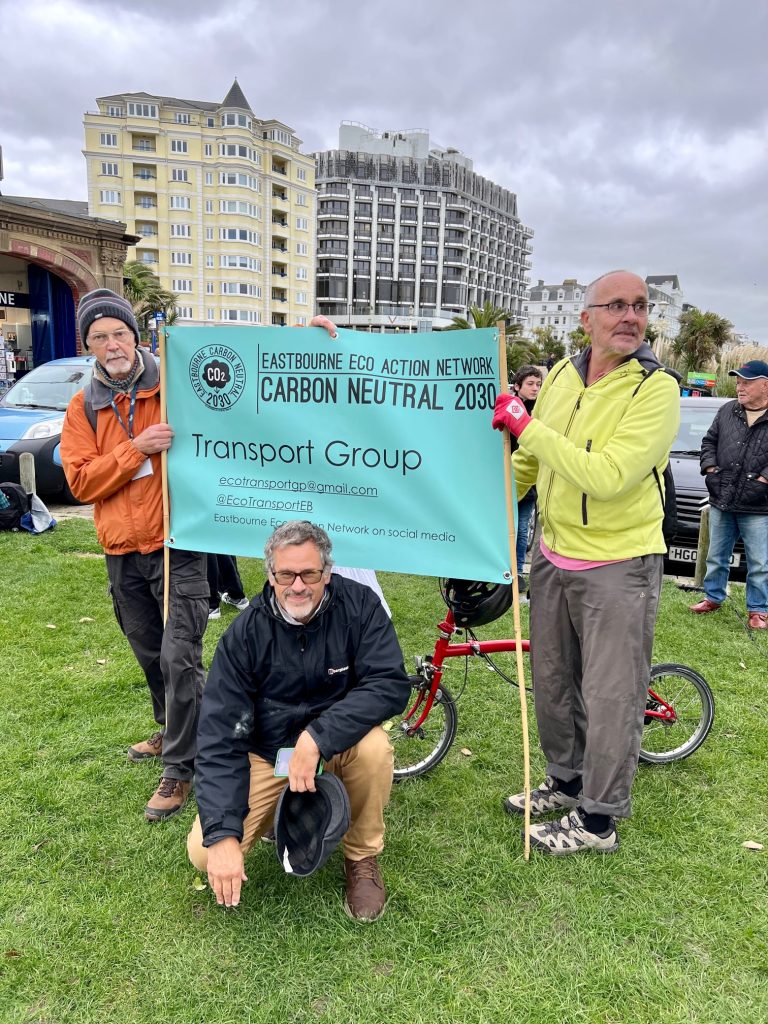 Andrew Durling, Executive Director, and David Everson, Transport Director, make their stand at the COP26 Rally at the Eastbourne seafront on 6 November