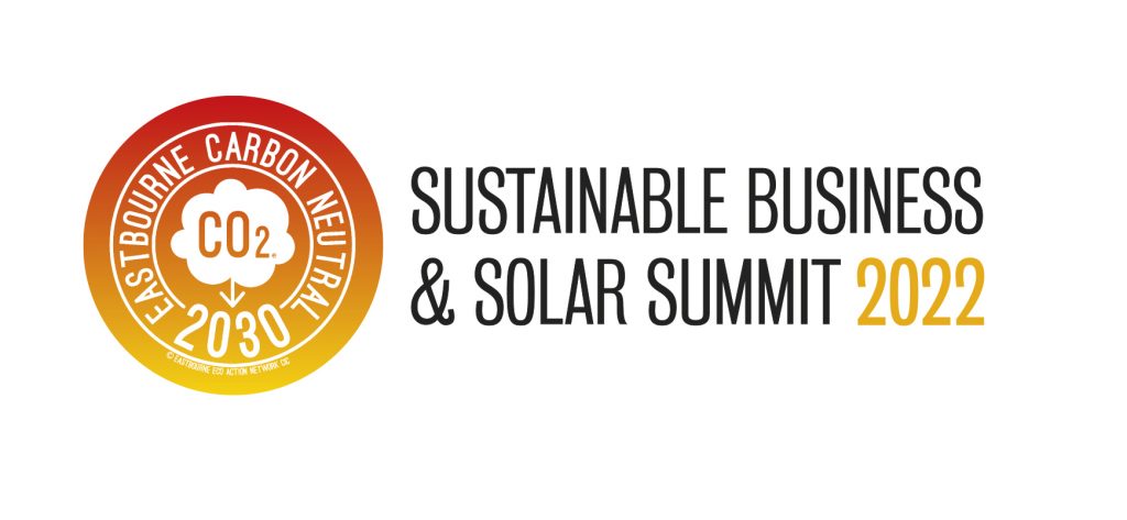 Logo with orange and yellow circle and the words, Eastbourne Carbon Neutral 2030. Sustainable Business and Solar Summit 2022