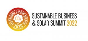 Logo shows circle in orange and yellow with the words Carbon Neutral 2030 and Sustainable Business & Solar Summit 2022