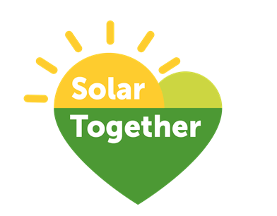 Solar Together logo. Words 'Solar Together' on a green heart with the top left corner replaced by a shining sun.