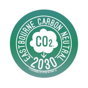 Logo for Eastboue Carbon Neutral 2030. shows white cloud of CO2 with arrow pointing down