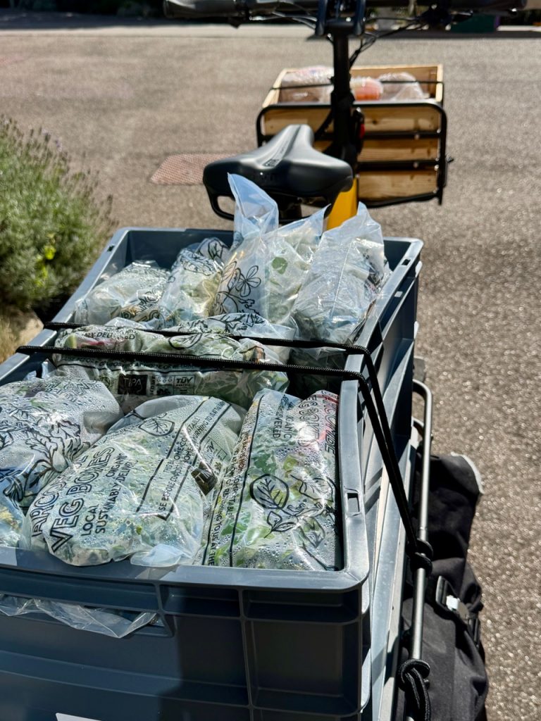 Back crate of cargo bike loaded with spinach